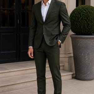 Dark Olive Green Men's Suit, 2 Piece Wedding Suit, Tailored Formal Suit