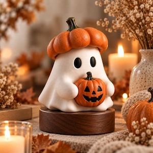 May include: A white ghost figurine wearing an orange pumpkin hat and holding a small orange jack-o'-lantern. The ghost has two black oval eyes and sits on a circular dark brown wooden base. The jack-o'-lantern features a carved black face.