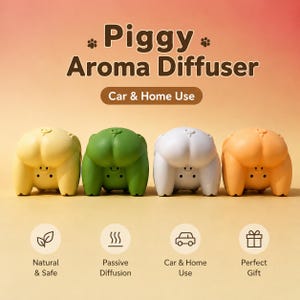 May include: Four pig-shaped aroma diffusers in yellow, green, white, and orange. The text reads Piggy Aroma Diffuser, Car & Home Use, Natural & Safe, Passive Diffusion, Car & Home Use, and Perfect Gift. Each diffuser features a snout and ears.