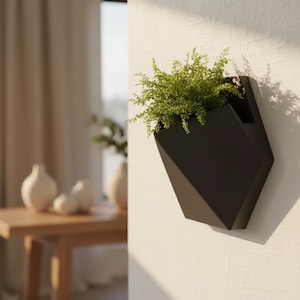 May include: A matte black geometric wall planter with a faceted, angular design. The container holds a lush, vibrant green fern with delicate, feathery fronds that spill over the top edge, creating a contrast against the dark, solid structure.