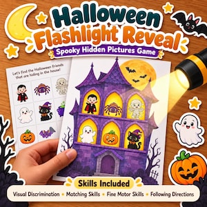 May include: A Halloween Flashlight Reveal game featuring a purple haunted house with yellow windows. The game includes a flashlight, a search sheet with Halloween characters, and a main card showing a vampire, spider, mummy, ghost, pumpkin, and cat.