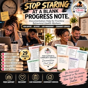 May include: A digital documentation cheat sheet for behavioral health workers, featuring the text 'STOP STARING AT A BLANK PROGRESS NOTE' and 'PEER SUPPORT & COMMUNITY SERVICES'. Includes 29 pages of templates for interventions, client responses, and progress language.