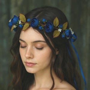 Royal Blue Flower Crown – Handmade Boho Hair Wreath, Blue Rose Fairy Halo, Festival Floral Crown, Woodland Cosplay Accessory