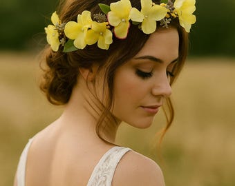 Yellow Flower Crown Boho Bridal Headband, Spring Floral Halo, Bridesmaid Festival Hair Wreath