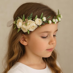 Erstkommunion Blumenkrone Weiß | Hochzeit Blumenmädchen Stirnband, Taufe Halo, seitliche Braut Blumenkrone, Kommunion Kopfschmuck Rosen
