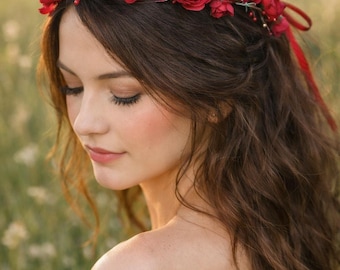 Red Rose Flower Crown, Romantic Floral Halo, Valentines Headpiece, Boho Wedding Hair Wreath