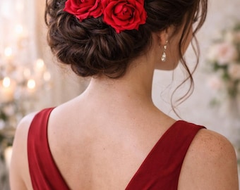 Red Satin Rose Hair Clip – Handmade Flower Pin for Flamenco, Weddings, Valentine’s Day, Romantic & Vintage Updos