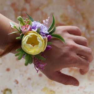 Spring Floral Wrist Corsage – Yellow and Lavender Faux Flower Bracelet with Ribbon Tie, Peony Wrist Corsage, Purple and Yellow Corsage