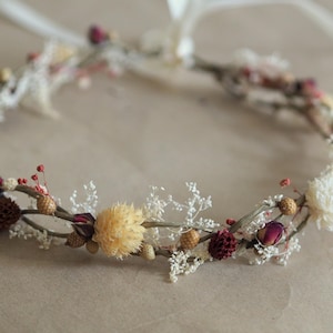 Coroa de flores secas – Acessório de cabeça para noivas da floresta – Coroa de cabelo de casamento rústica estilo boho – Halo floral romântico – Coroa de fada da floresta, Tiara de outono