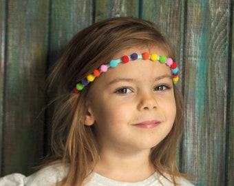Rainbow Pom Pom Headband, Baby Girl Rainbow Headband, Colorful Forehead Band, Girl Head Band Pom Pom, Hairbands Girls 5 Years, Baby Hairband