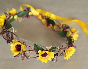 Sunflower Flower Crown – Handmade Rustic Headpiece Festivals, Fall Sunflower Weddings, Midsummer Photoshoots Halo, Boho Bridesmaids Headband
