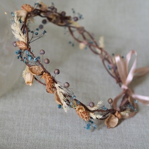 Woodland Bridal Tiara, Woodland Forest Wedding Crown, Dry Flower Headband, Woodland Headpiece Baby&#39;s Breath, Fall Bridal Nature Headpiece