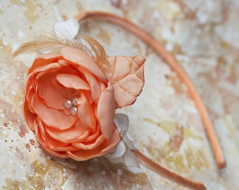 Peach Floral Headpiece for Women, Flower Hairband Peach, Peach Flower Girl Headband, Peachy Prom Headband, Peach Bridesmaid Fascinator Band