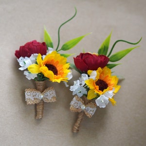 Sunflower and Rose Boutonniere – Rustic Wedding Groom Pin with Red Rose & Lace, Fall or Country Red and Sunflower Wedding Corsage Set
