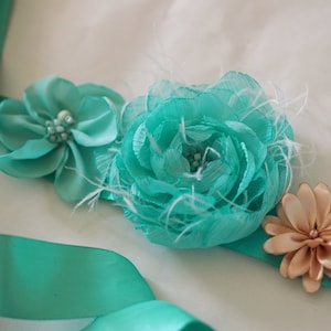 Mint Flower Sash, Mint Green Wedding Sash, Sea Foam Maternity Sash, Boho Bridal Sash, Beach Wedding Silk Peonies,Mint Wedding Dress Sash