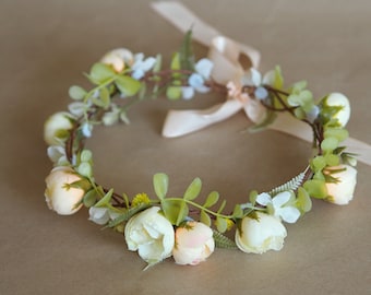 Mariage de couronne d’eucalyptus, couronne de fée adulte, coiffure de verdure, coiffure de fleur de mariée, couronnes de fleurs blush, diadème de pivoine, casque floral