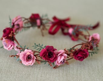 Burgundy Rose Hair Vine, Burgandy Flower Crown Wedding, Dusty Pink Burgundy Flower Crown, Bridal Flower Halo Pink, Bridal Floral Crown Rose