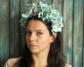 Oversize Flower Headband, Pale Romantic Teal Headband, Big Roses Fairy Headpiece, Frida Kahlo Headband, Bohemian Flower Halo, Huge Crown Elf