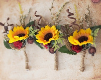 Tournesol boutonnière mariage, ensemble de boutonnière automne, boutonnière homme tournesol, boutonnière rustique boisé, épingles de revers homme mariage automne