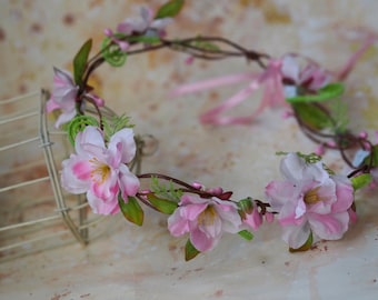 Cherry Blossom Flower Crown, Cherry Blossom Headband, Hair Vine Pink, Flower Tiara Flower Girl, Sakura Blossom Crown, Spring Headpiece Blush