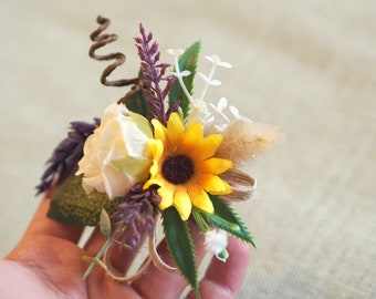 Sunflower Wrist Corsage, Rose Sunflower Boutonniere, Lavender Sunflower Corsage and Boutonniere, Fall Wedding Sunflower Rose Corsage