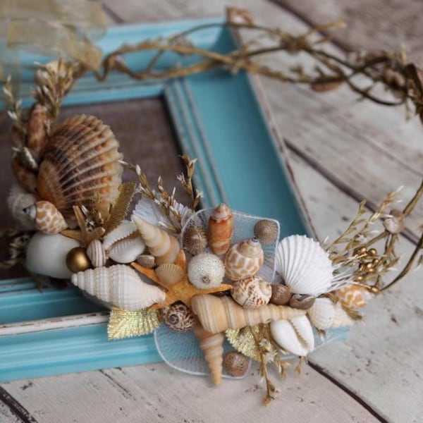 Couronne de sirène de coquillage de mer, bandeau de mariage de plage, couronne de mariage de plage, accessoires de cheveux de plage, diadème de mariée de plage, casque de sirène d’étoile de mer