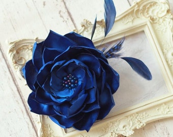 Oversized Royal Blue Flower Brooch, Blue Flower Fascinator, Big Royal Blue Flower Hair Clip, Royal Blue Hair Flower,Mother Bride Flower Clip