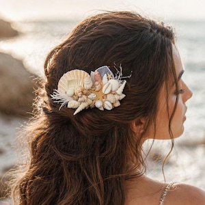 Può includere: Un fermaglio per capelli con conchiglie, stelle marine e piume bianche. L'accessorio per capelli è attaccato a capelli castani ondulati. Lo sfondo mostra una spiaggia con il mare e rocce.