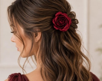Pinza para el cabello de rosa de satén rojo, horquilla de flor burdeos, rosa flamenca, accesorio floral para el cabello de novia