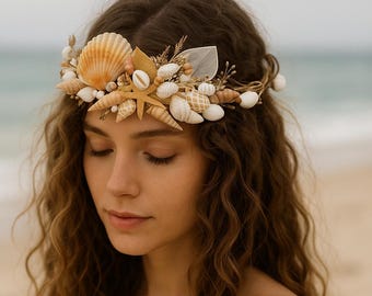 Ivory Gold Crystal Quartz Mermaid Crown Sea Shell Hair Head  display picture 2