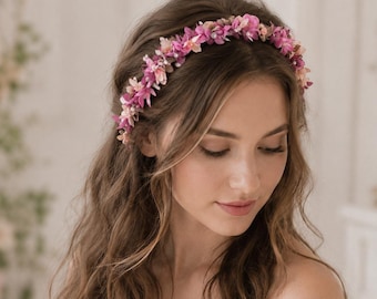 Pink Floral Headband, Dusty Rose Flower Crown, Bridal Hairpiece, Boho Wedding Headband, Prom Tiara, Flower Girl Halo