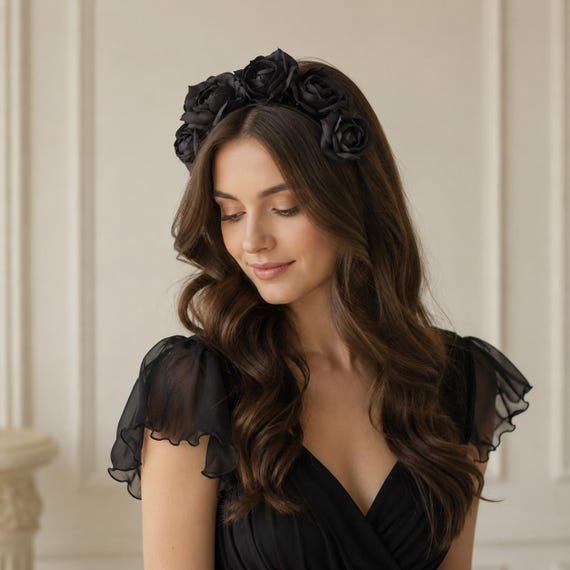 Gothic Black Rose Headband, Black Flower Crown, Satin Rose  display picture 1