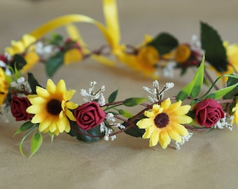 Sunflower and Rose Flower Crown – Rustic Yellow & Burgundy Floral Headband for Flower Girl, Boho Wedding Tiara Midsummer, Fall Festival Halo