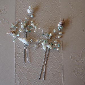 Beach Wedding Hair Pins – Mermaid Shell Pearl Bobby Pins with Aqua Crystals for Coastal Brides & Summer Events, Nautical Seashell Hairpiece