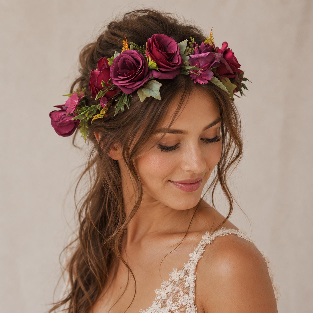 Burgundy Rose Flower Crown, Fall Bridal Headpiece, Boho Wedding Hair…