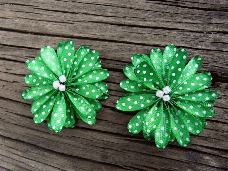 Polka Dot Green Shoe Clips, Ribbon Flowers for Shoes, Green Flower Shoes Pins, Emerald Green Shoe Clips, Rockabilly Shoe Clips Decoration image 5