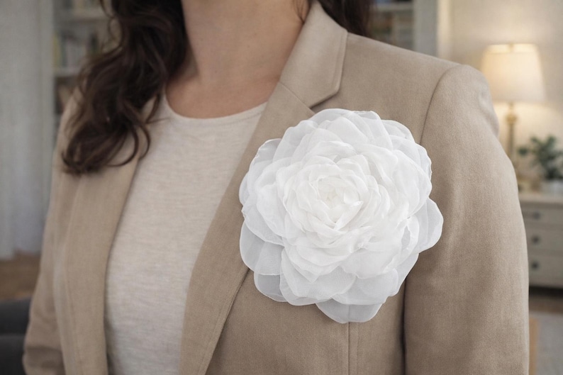 Large White Rose Hair Clip, Silk Flower Brooch, Bridal Hair Accessory, Wedding Corsage Pin image 2