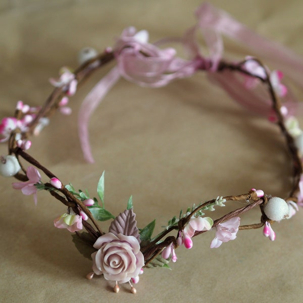 Elven Crown Blush, Enchanted Forest Crown, Nature Crown Rose Pink, Woodland Fairy Tiara, Woodland Flower Crown Elf, Forest Fairy Headpiece