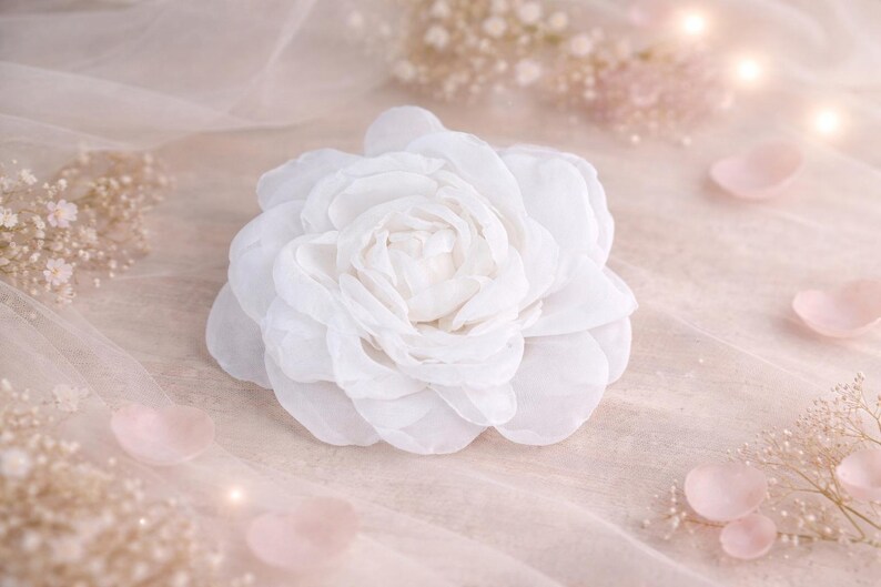 Large White Rose Hair Clip, Silk Flower Brooch, Bridal Hair Accessory, Wedding Corsage Pin image 19