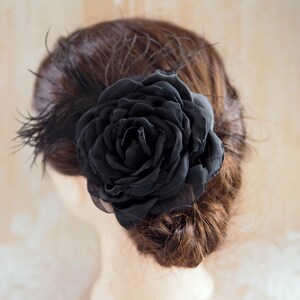 Black Rose Hair Clip, Black Hair Flower, Black Feather Brooch Rose, Black Flower Hair Accessory, Black Fascinator, Black Wedding Flower Pin image 9