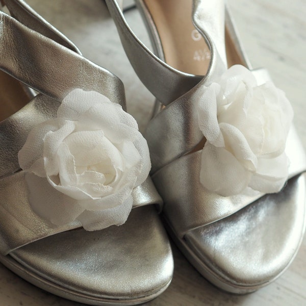 Clip di scarpe rosa bianca, matrimonio di clip di scarpe, clip di scarpe da sposa, accessori per scarpe eleganti, fiocchi di scarpe da sposa bianche, clip di scarpe di fiori in chiffon