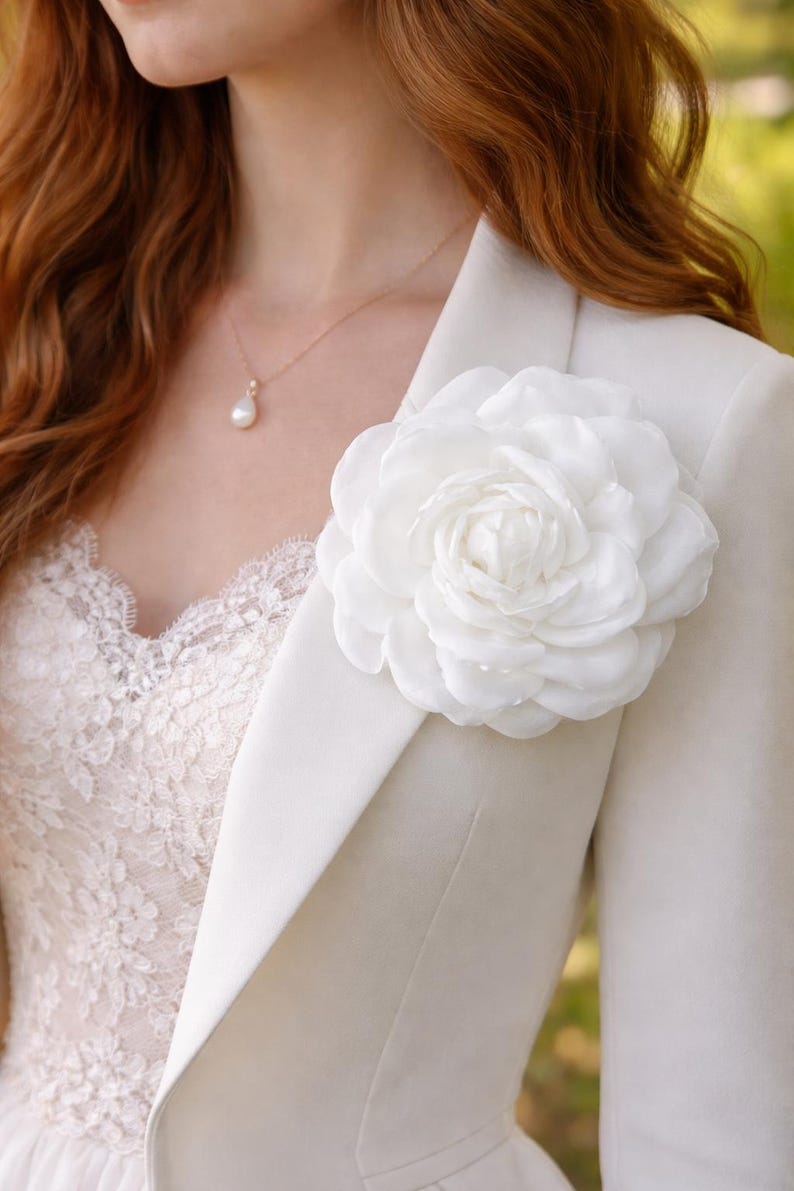 Large White Rose Hair Clip, Silk Flower Brooch, Bridal Hair Accessory, Wedding Corsage Pin image 14