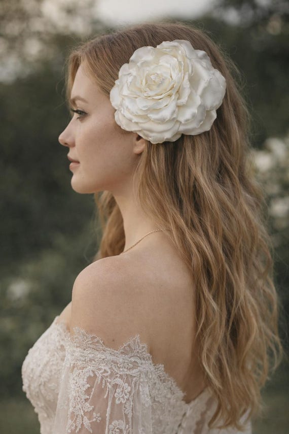 Ivory Satin Rose Hair Clip or Brooch – Bridal Hair Flower, White