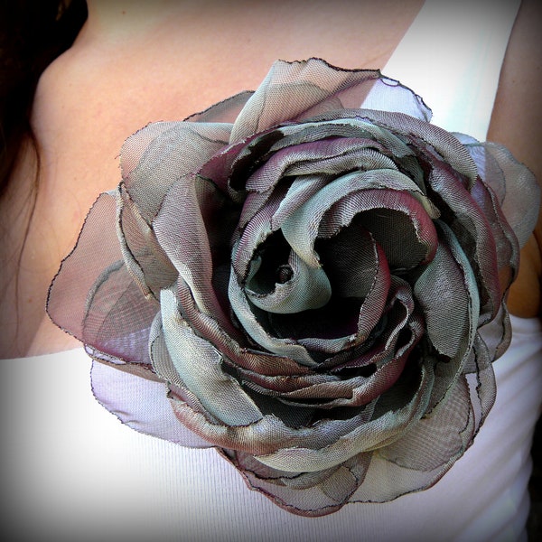 Gray Hair Clip Boho Chic, Grey Flower Brooch, Grayish Purple Elegant Fabric Flower, Reception Chameleon Flower