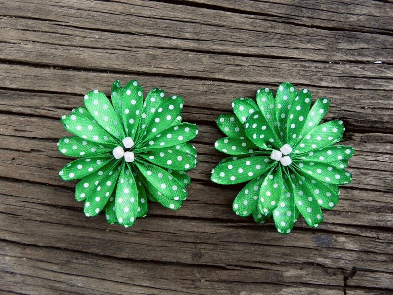 Polka Dot Green Shoe Clips, Ribbon Flowers for Shoes, Green Flower Shoes Pins, Emerald Green Shoe Clips, Rockabilly Shoe Clips Decoration image 2