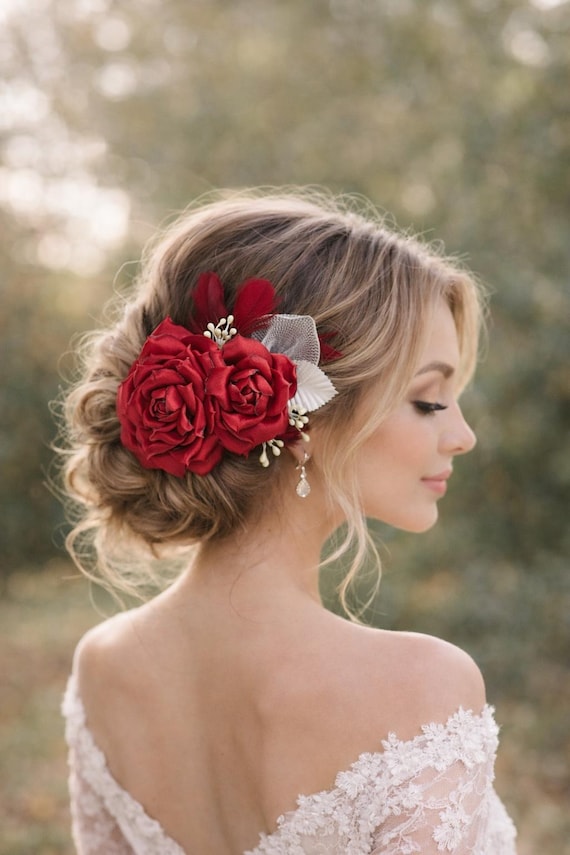 Red Rose Hair Fascinator With Feathers – Romantic Bridal or  display picture 3