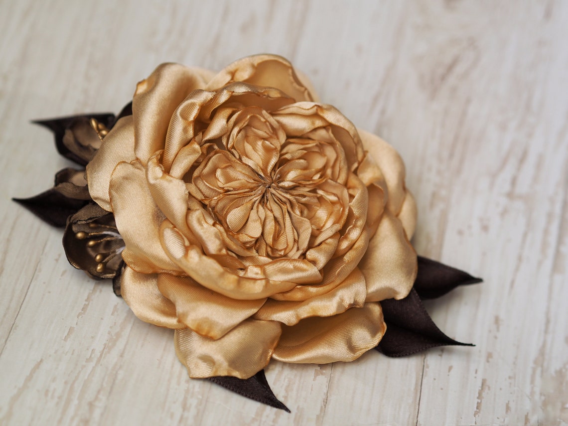 Gold Fabric Flower Hair Clip Gold Flower Pin Satin Gold Etsy