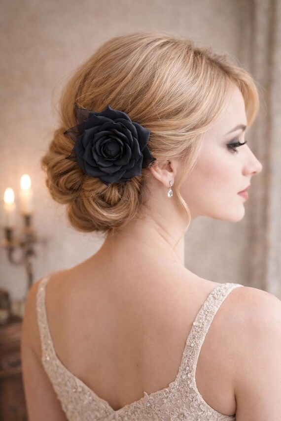 Black Rose Hair Clip or Brooch – Handmade Satin Gothic  display picture 2