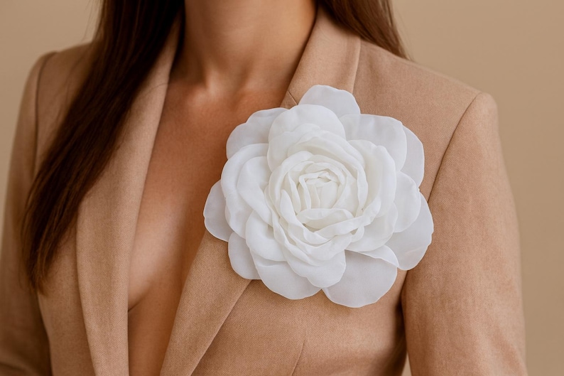Large White Rose Hair Clip, Silk Flower Brooch, Bridal Hair Accessory, Wedding Corsage Pin image 1
