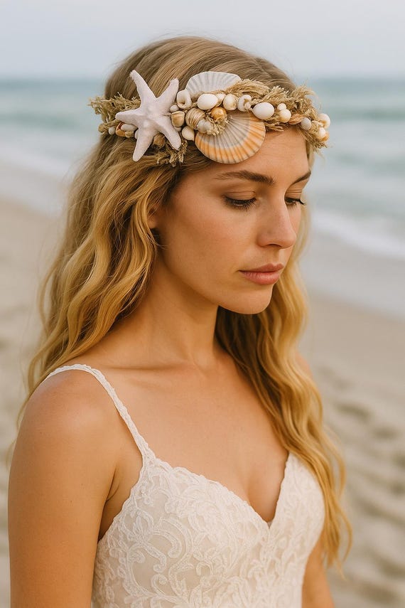 Mermaid Crown Starfish Shell Headdress – Beach Wedding Crown  display picture 2